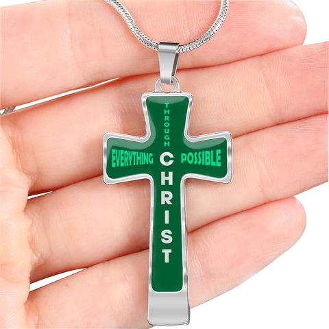 Everything Possible Through Christ Cross Pendant Necklace - Green