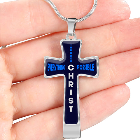 Everything Possible Through Christ Cross Pendant Necklace - Blue