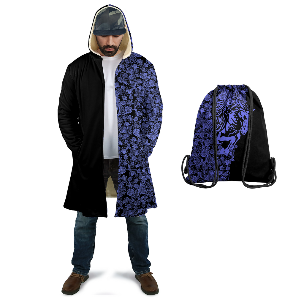 Lee's Excellent Hooded Coat with Unicorn - Cobalt Roses on Black [with