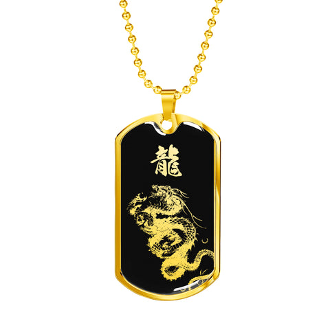 "龍" Dragon Kanji Dog Tag - Silver/Gold Silhouette
